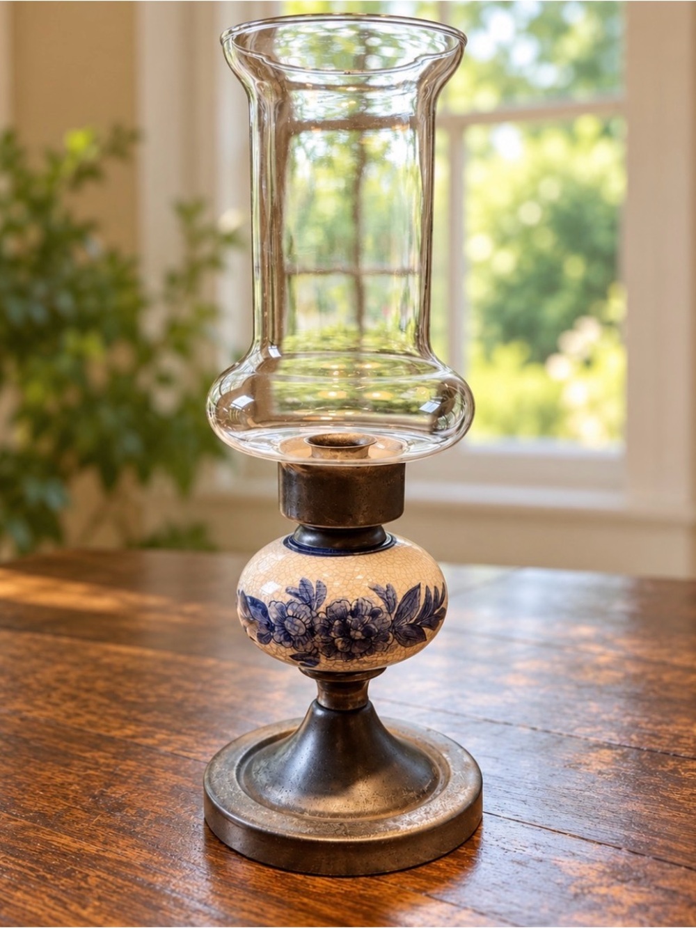 Blue Floral Ceramic & Glass Hurricane Lamp - Home Accents
